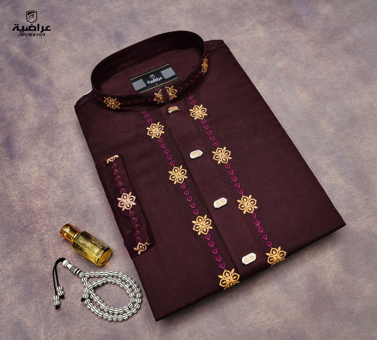 Rich Maroon Panjabi with Intricate Golden and Purple Embroidery